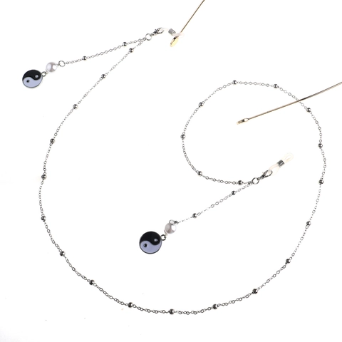 Silver Beaded Glasses Chain Faux Artificial Pearl Yin Yang Tai Chi Pendant Anti Slip Eyewear Lanyard Holder Strap Accessory Women