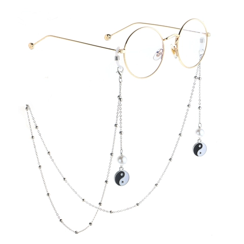 Silver Beaded Glasses Chain Faux Artificial Pearl Yin Yang Tai Chi Pendant Anti Slip Eyewear Lanyard Holder Strap Accessory Women