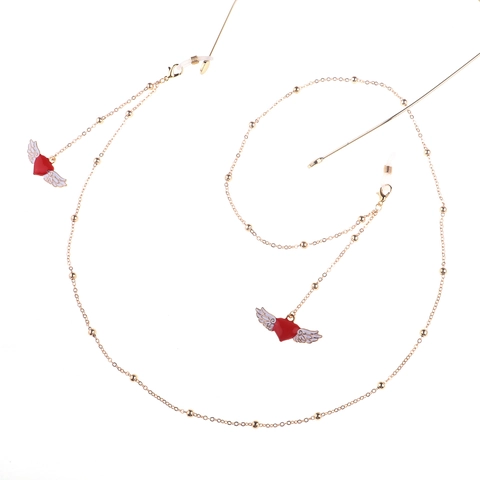 Glasses Chain Metal Beaded Gold Color Eyewear Strap With Heart Wings Pendant Anti-Slip Holder For Women