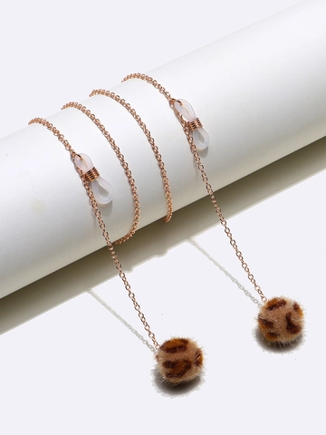 Women Fashion Glasses Chain Leopard Print Faux Fur Pom Pom Gold Alloy Metal Eyewear Strap Anti Slip Holder Necklace