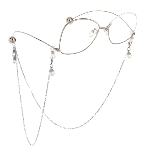 Fashion Glasses Chain Anti-Slip Metal Copper With Leaf Feather Pendant And Imitation Artificial Pearl Eyewear Strap For Women