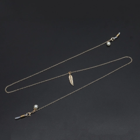 Fashion Glasses Chain Anti-Slip Metal Copper With Leaf Feather Pendant And Imitation Artificial Pearl Eyewear Strap For Women