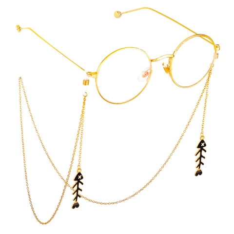 Metal Glasses Chain Gold Tone Anti-Slip Eyewear Strap With Fishbone Pendants Silicone Loops For Sunglasses