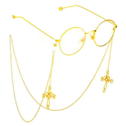 Anti-Slip Metal Glasses Chain With Cross Pendant And Faux Artificial Pearl Decorative Eyewear Strap Holder