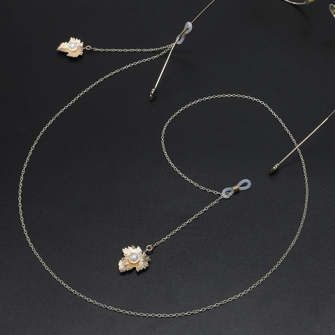 Catena Per Occhiali Metallo Tono Oro Foglia Acero Perla Artificial Pendente Antiscivolo Cordino Occhiali Retro Moda Accessori Donna