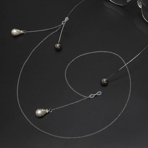 Catena Per Occhiali In Metallo Argentato Con Perla Artificial Sintetica A Goccia E Strass Cordino Elegante Donna Per Occhiali