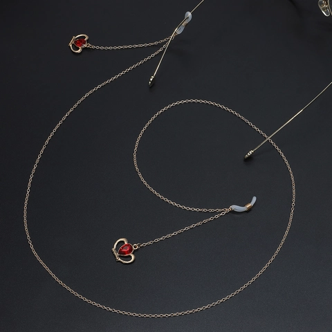 Catenella Occhiali Oro Metallo Cordino Porta Occhiali Pendente Cuore Corona Gemma Rossa Elegante Accessorio Donna
