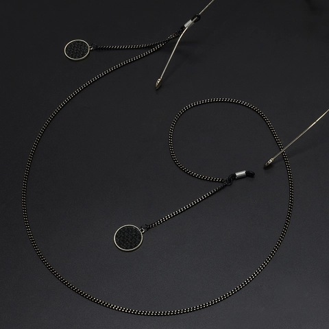 Fashion Black Eyeglasses Chain With Round Textured Pendant Anti-Slip Metal Sunglasses Strap For Women And Men