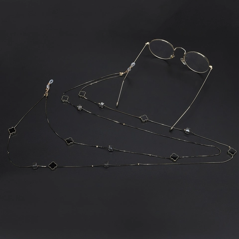 Catenina Per Occhiali Alla Moda Metallo Dorato Con Ciondoli A Quadrifoglio Nero E Perline Di Cristallo Cordino Antiscivolo Collana Decorativa