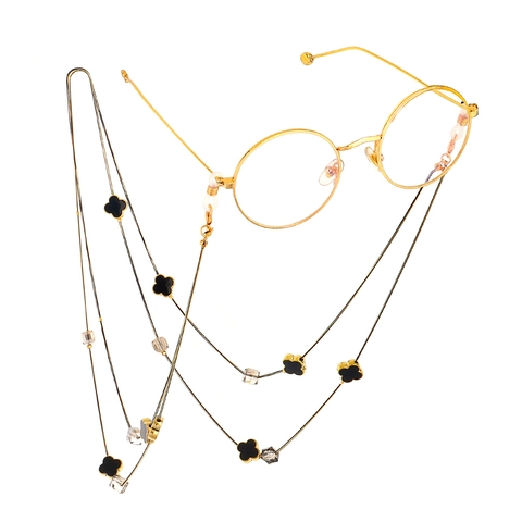Catenina Per Occhiali Alla Moda Metallo Dorato Con Ciondoli A Quadrifoglio Nero E Perline Di Cristallo Cordino Antiscivolo Collana Decorativa