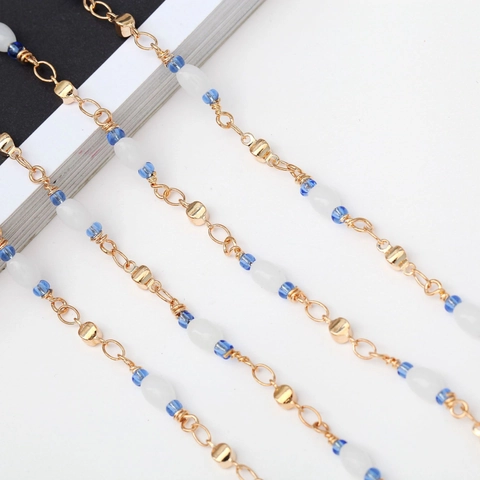 Gold Plated Copper Beaded Glasses Chain Non-Slip Eyeglass Strap With Blue White Crystal Beads Fashion Holder For Sunglasses