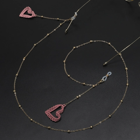Cadena De Gafas De Metal Dorado Con Colgantes De Corazón De Encaje Rosa Y Cuentas Correa Para Gafas Mujer