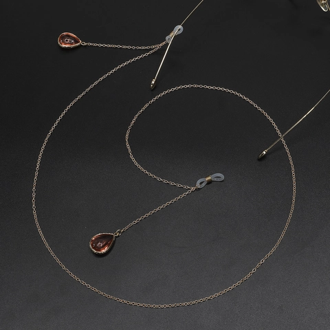 Eyeglasses Chain Metal Anti Slip Glasses Cord Gold Color With Amber Water Drop Resin Pendant Fashion Neck Strap Holder