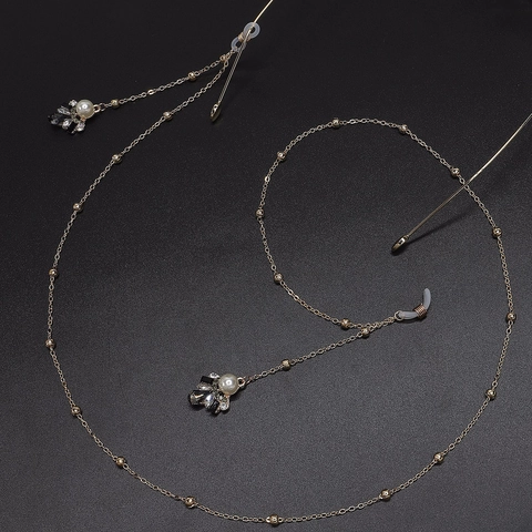 Catenella Per Occhiali Metallo Dorato Con Perla Artificial Di Imitazione Fiore Ciondolo Strass Elegante Cinturino Antiscivolo