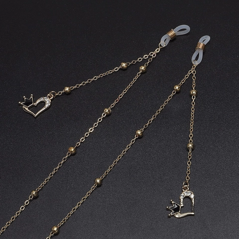 Rhinestone Heart Glasses Chain Alloy Bead Eyeglass Strap Crown Pendant Anti-Slip Silicone Holder Fashion Jewelry