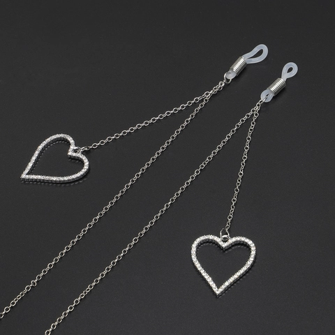 Alloy Rhinestone Heart Pendant Glasses Chain Fashion Anti Slip Eyeglass Strap Holder For Women Silver Color