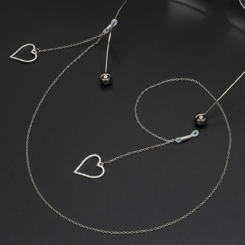 Alloy Rhinestone Heart Pendant Glasses Chain Fashion Anti Slip Eyeglass Strap Holder For Women Silver Color
