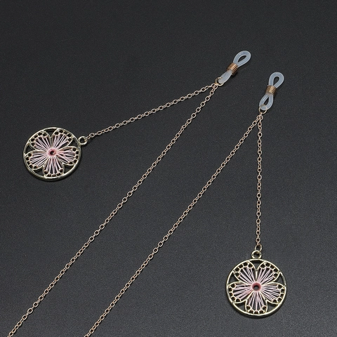 Glasses Chain Copper Metal Gold Plated With Flower Pendant Pink Thread Decorative Anti-Slip Eyewear Holder Strap