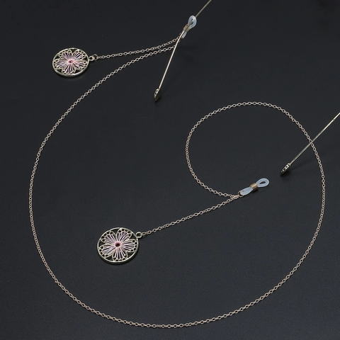 Glasses Chain Copper Metal Gold Plated With Flower Pendant Pink Thread Decorative Anti-Slip Eyewear Holder Strap
