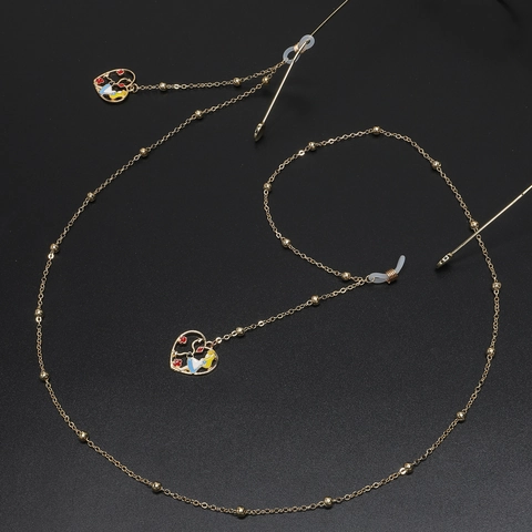 Glasses Chain Gold Metal Bead Anti Slip Eyewear Strap Heart Enamel Pendant Fashion Eyeglasses Holder For Women