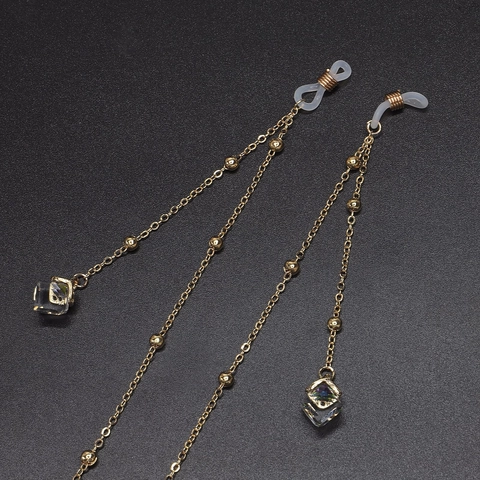 Eyeglasses Chain Lanyard Metal Gold Beaded With Crystal Glass Pendant Non-Slip Silicone Loops Fashion Neck Strap