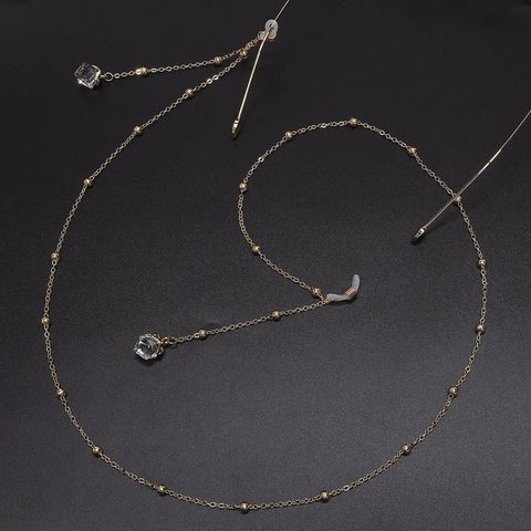 Eyeglasses Chain Lanyard Metal Gold Beaded With Crystal Glass Pendant Non-Slip Silicone Loops Fashion Neck Strap