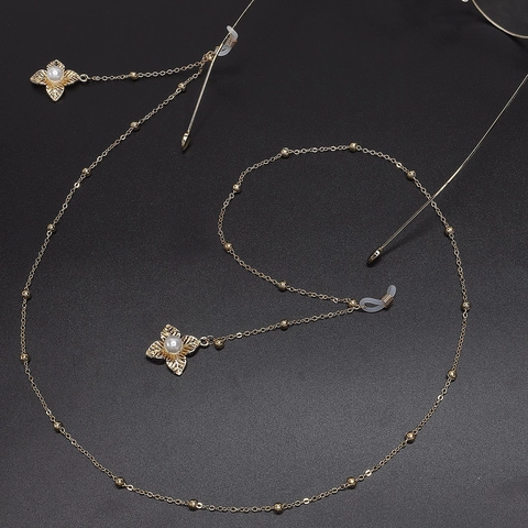 Elegant Glasses Chain Metal Eyeglass Strap With Faux Artificial Pearl Flower Pendant Non Slip Silicone Loops For Women Vintage