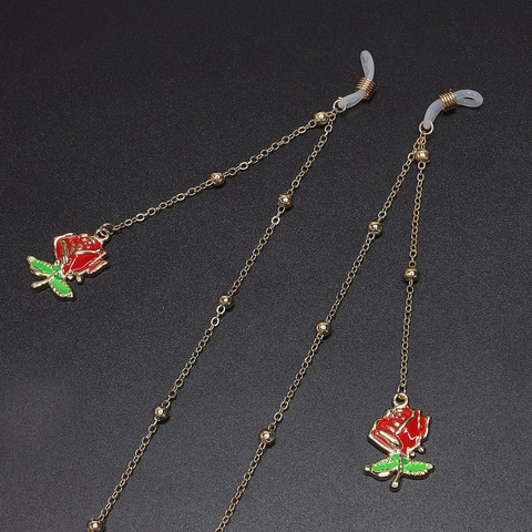 Elegant Red Rose Glasses Chain Gold Metal Beaded Eyeglass Lanyard Non-Slip Floral Sunglass Strap For Women