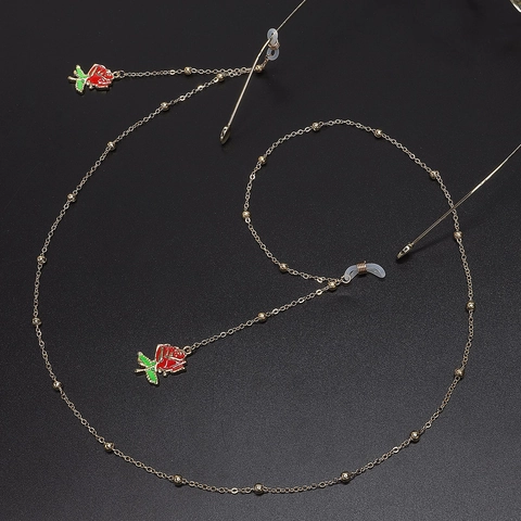 Elegant Red Rose Glasses Chain Gold Metal Beaded Eyeglass Lanyard Non-Slip Floral Sunglass Strap For Women