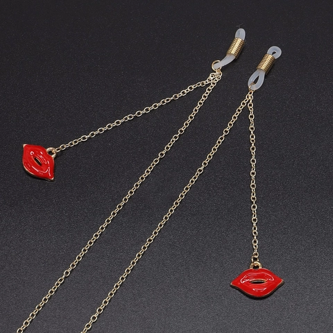 Golden Metal Glasses Chain With Red Lips Pendant Anti Slip Silicone Connectors Fashion Decorative Eyewear Accessory