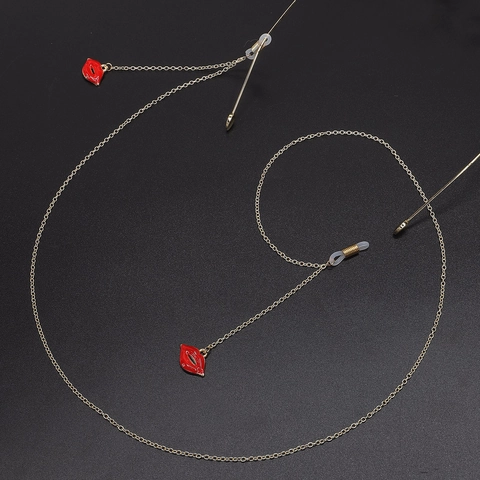 Golden Metal Glasses Chain With Red Lips Pendant Anti Slip Silicone Connectors Fashion Decorative Eyewear Accessory