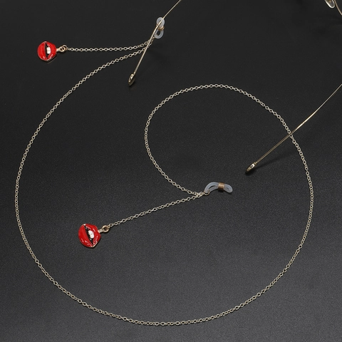 Red Lips Enamel Pendant Glasses Chain Gold Metal Alloy Anti Slip Eyewear Lanyard Neck Strap Fashion Novelty