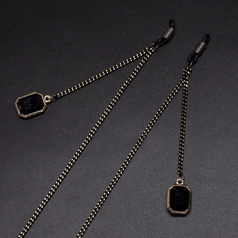 Eyeglasses Chain Metal Sunglasses Strap Anti-Slip Lanyard With Black Square Crystal Pendant Minimalist Eyewear Accessory