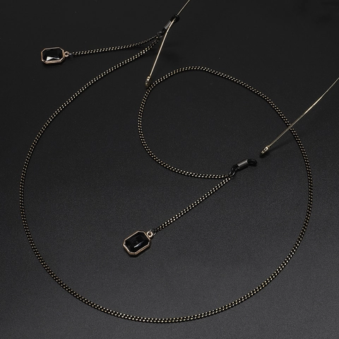 Eyeglasses Chain Metal Sunglasses Strap Anti-Slip Lanyard With Black Square Crystal Pendant Minimalist Eyewear Accessory