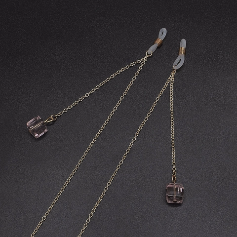 Fashion Gold Metal Glasses Chain With Pink Crystal Cube Pendant Decorative Anti-Slip Eyeglass Holder Strap