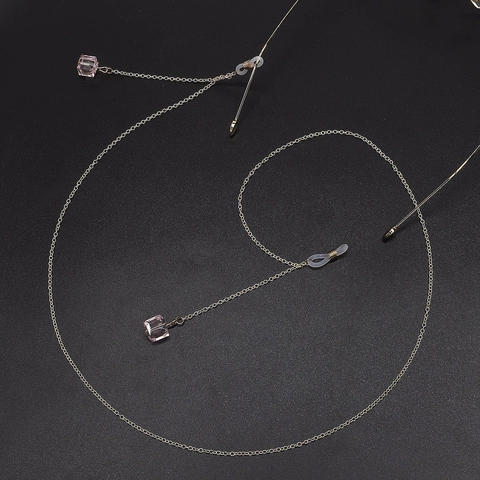 Fashion Gold Metal Glasses Chain With Pink Crystal Cube Pendant Decorative Anti-Slip Eyeglass Holder Strap