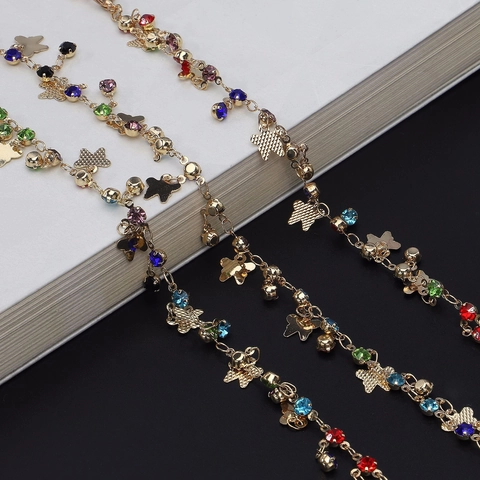 Eyeglass Chain Alloy Rhinestone Colorful Butterfly Star Pendant Sunglasses Strap Holder Anti Slip Silicone Loop For Women