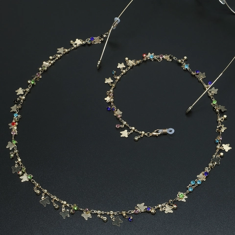 Eyeglass Chain Alloy Rhinestone Colorful Butterfly Star Pendant Sunglasses Strap Holder Anti Slip Silicone Loop For Women