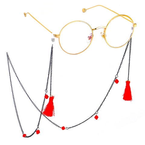 Vintage Black Metal Glasses Chain With Red Tassels And Beads Anti-Slip Sunglasses Holder For Women Retro Decorative Eyewear Accessory