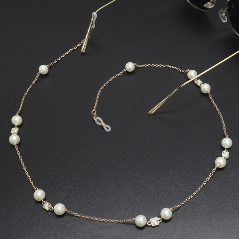 Elegant Glasses Chain Alloy Gold Imitation Artificial Pearl Rhinestone Non Slip Eyewear Strap Multifunctional Sweater Necklace Vintage