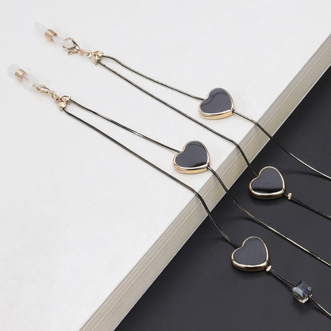 Heart Shaped Double Layer Glasses Chain Fashion Black Enamel Alloy Gold Plated Eyewear Strap Necklace For Women