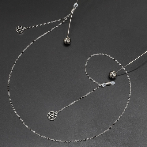 Fashion Silver Metal Eyeglass Chain Anti-Slip Copper Holder With Hollow Star Pendant Pentagram Gothic Style For Women