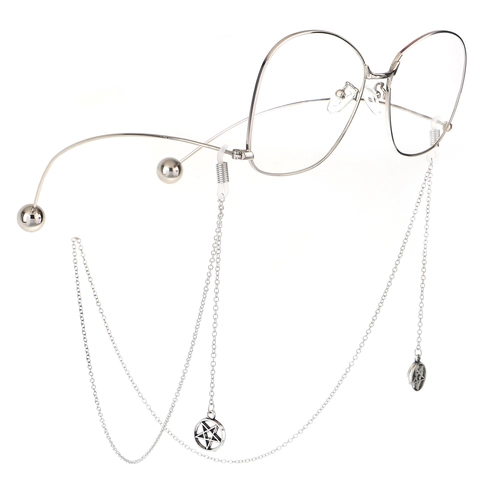 Fashion Silver Metal Eyeglass Chain Anti-Slip Copper Holder With Hollow Star Pendant Pentagram Gothic Style For Women