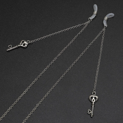 Gothic Punk Zilveren Legering Brillenketting Met Schedel Sleutel Hart Hanger Antislip Zonnebrilkoord Voor Dagelijks Gebruik