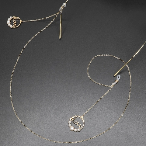 Glasses Chain Metal Alloy Anti Slip Eyewear Cord With Love Letter Round Pendant And Faux Artificial Pearl Elegant Fashion Accessory