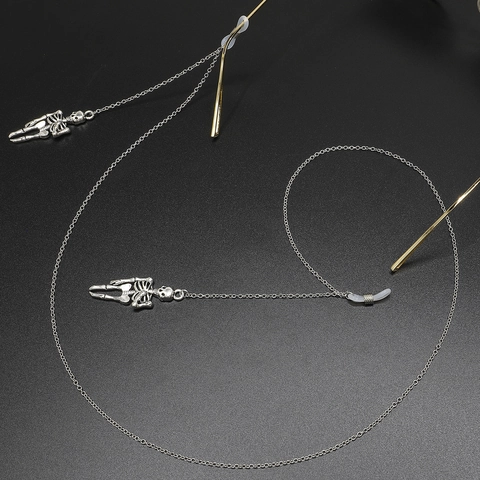 Punk Silver Skeleton Glasses Chain Gothic Anti-Slip Eyewear Strap Metal Human Bone Sunglasses Lanyard For Halloween Party Women Men Accessory