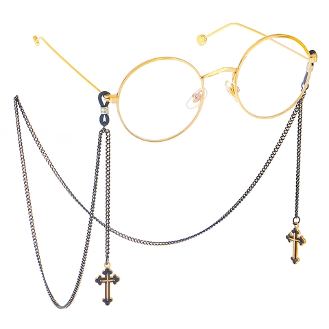 Black Metal Glasses Chain With Cross Pendant Gothic Sunglasses Strap For Women Men Non-Slip Eyewear Lanyard