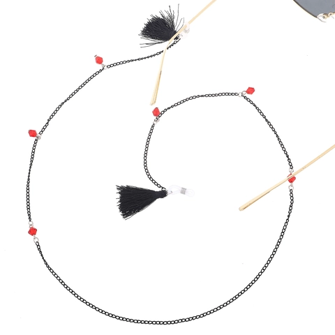 Retro Black Metal Eyewear Chain With Red Beads And Tassels Anti Slip Sunglasses Lanyard Fashion Neck Strap