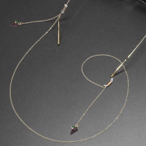 Golden Alloy Metal Glasses Chain With Purple Grape Pendant Non-Slip Silicone Loops Decorative Eyewear Strap For Women
