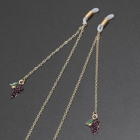 Golden Alloy Metal Glasses Chain With Purple Grape Pendant Non-Slip Silicone Loops Decorative Eyewear Strap For Women